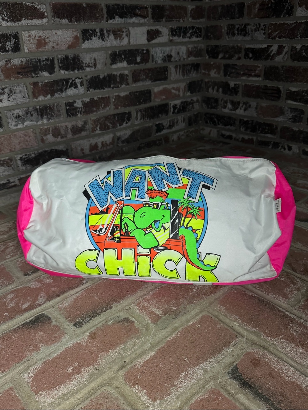 Vintage Fabrizio "Want Chick" Neon Pink Novelty Duffle Bag 80s/90s Vinyl Plastic